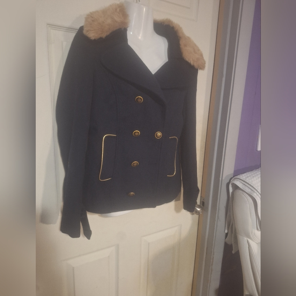 Lovestitch Black Peacoat with Tan Faux Fur Collar